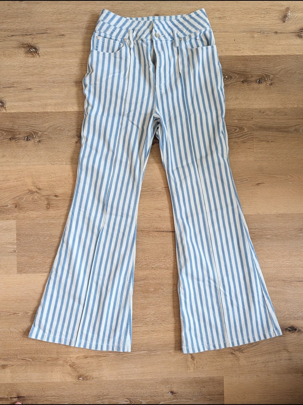Avec Les Filles Blue and White Striped Flare Jeans